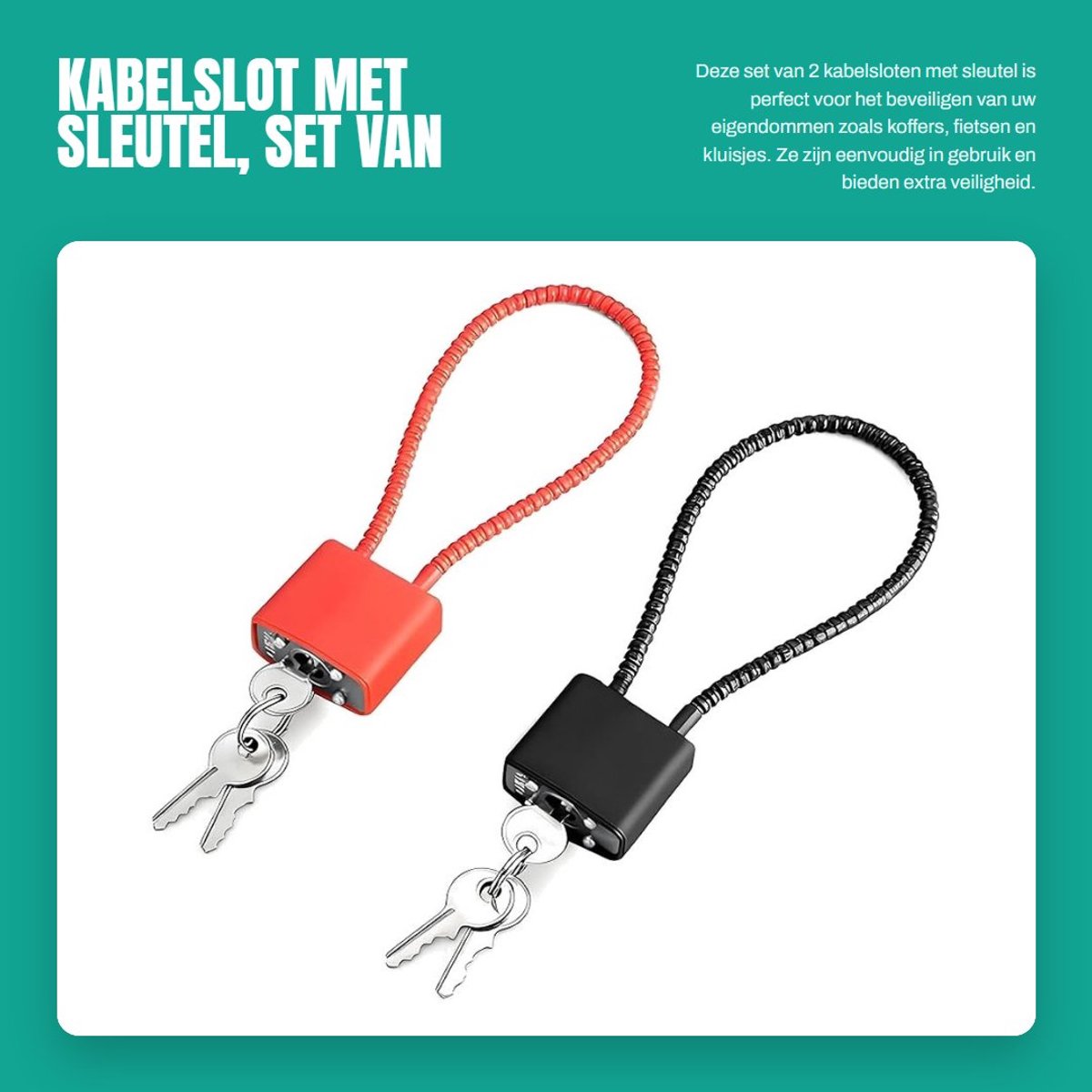 Dailygoods- Kabelslot met sleutel - Hangslot lange beugel - Fietsslot - Kofferslot - Poortsleutel - 2 stuks (zwart + rood)