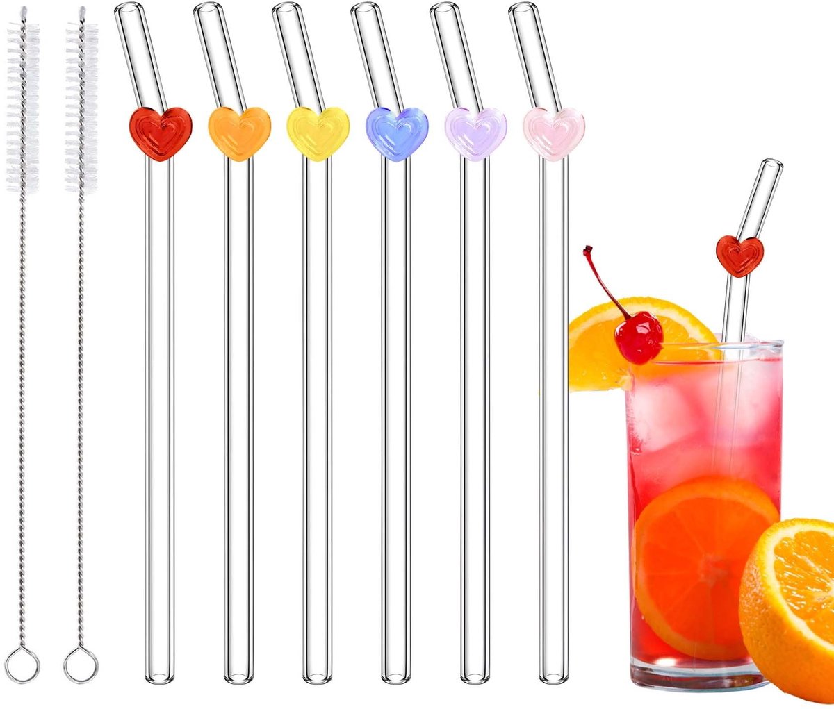 Dailygoods- Glazen Rietjes 6 Stuks - Breukbestendig - Herbruikbaar - Metalen Rietjes - Reinigingsborstels - Hartontwerpen - Duurzaam