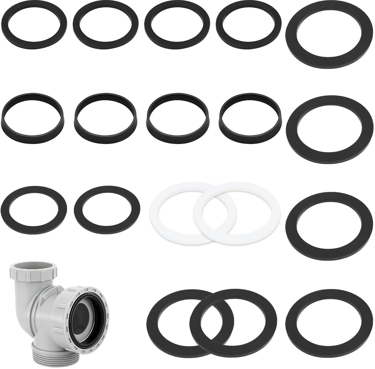 Dailygoods - Afvoerafdichting voor wastafel, 6 platte afdichtingen, 6 alternatieve platte afdichtingen, 40 mm, voor 40 mm sifon (zwart)