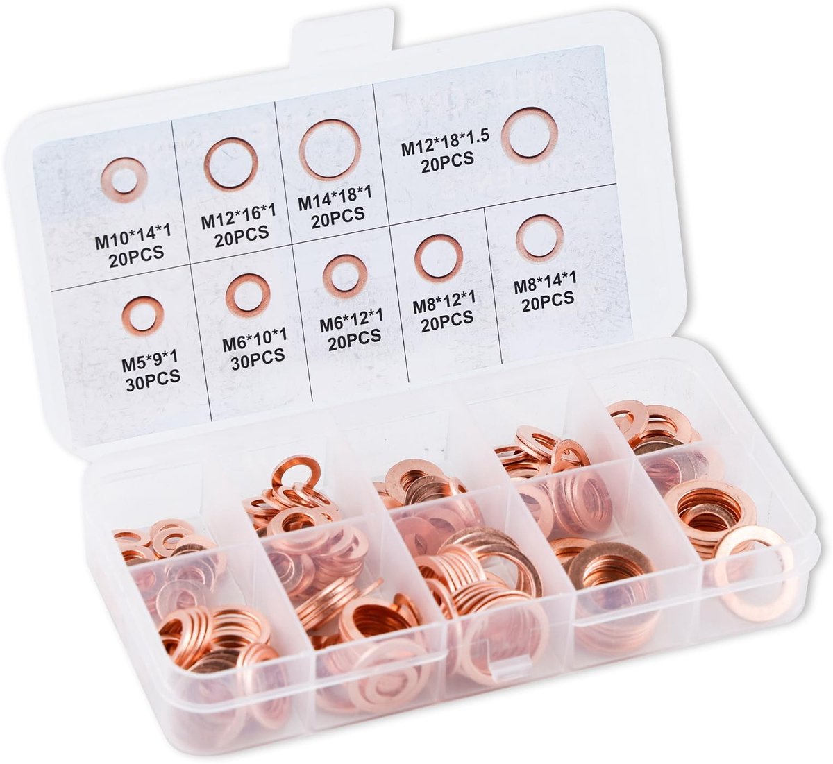 Dailygoods- Afdichtringen 200 stuks - Assortiment Koperen Ringen - Sluitringen - M5/M6/M8/M10/M12/M14 - Voor Brandstofaccessoires - Hoogwaardig Koper
