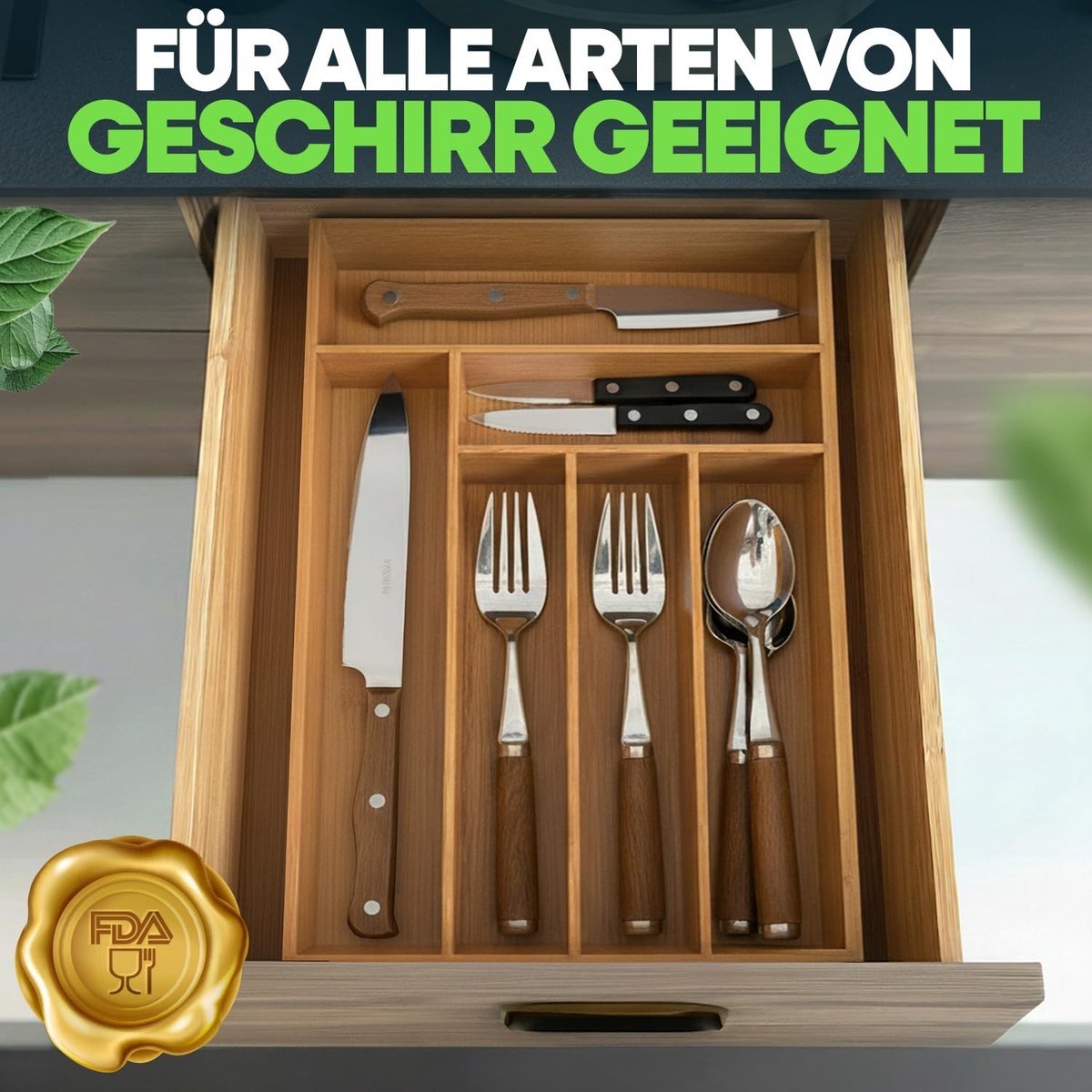 Dailygoods- Bestekbak Bamboe 6 Vakken - Verstelbare Lade Organizer - Keuken Organizer - Bestekhouder - Houten Bestekbak - 25,5 x 35,5 x 5 cm