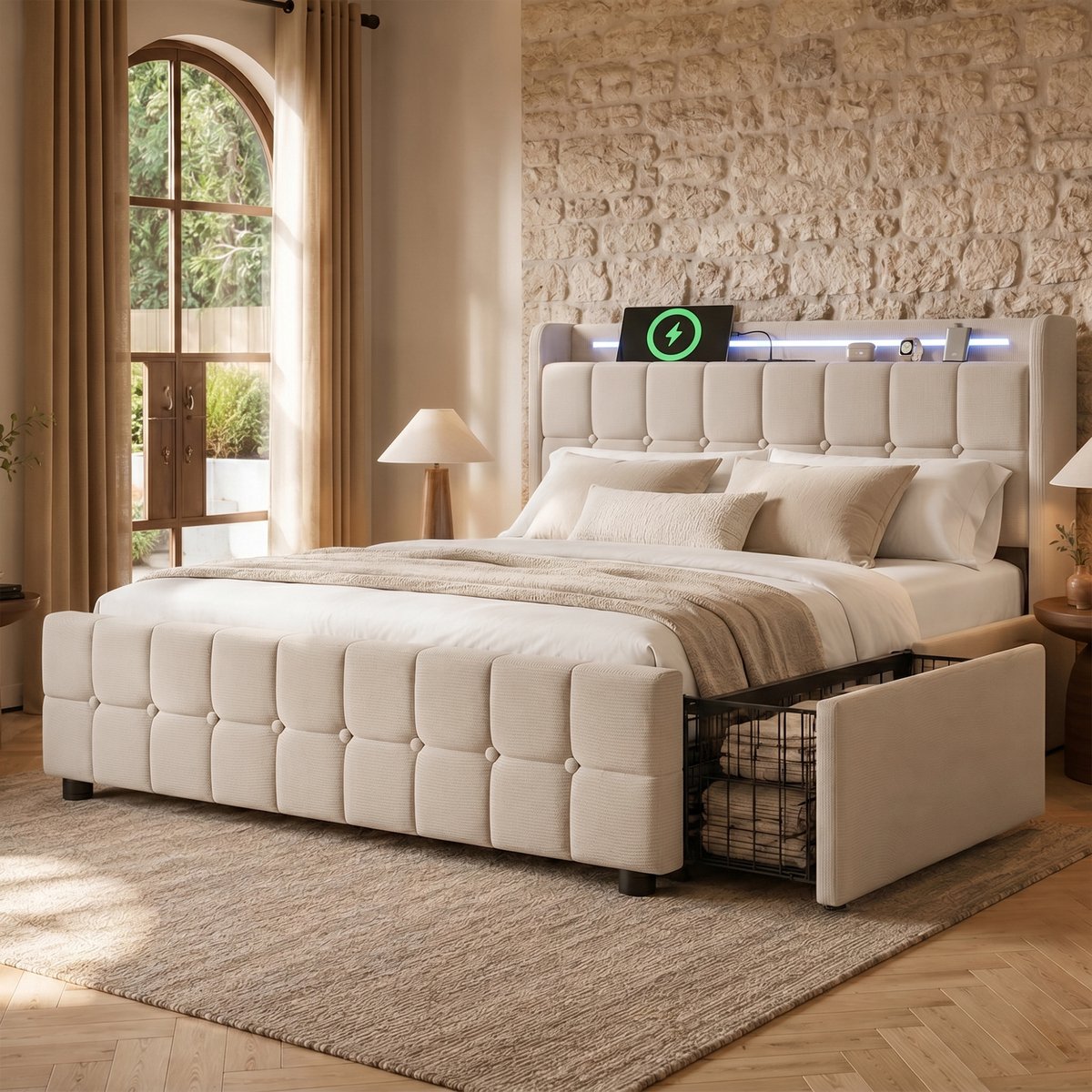 Tweepersoonsbed 140x200 cm - Gestoffeerd bed met USB -oplaadfunctie, hoofdbord, ledverlichting - 4 lades - Bedframe met opbergruimte - lattenbodem van hout - Beige (matras niet inbegrepen)
