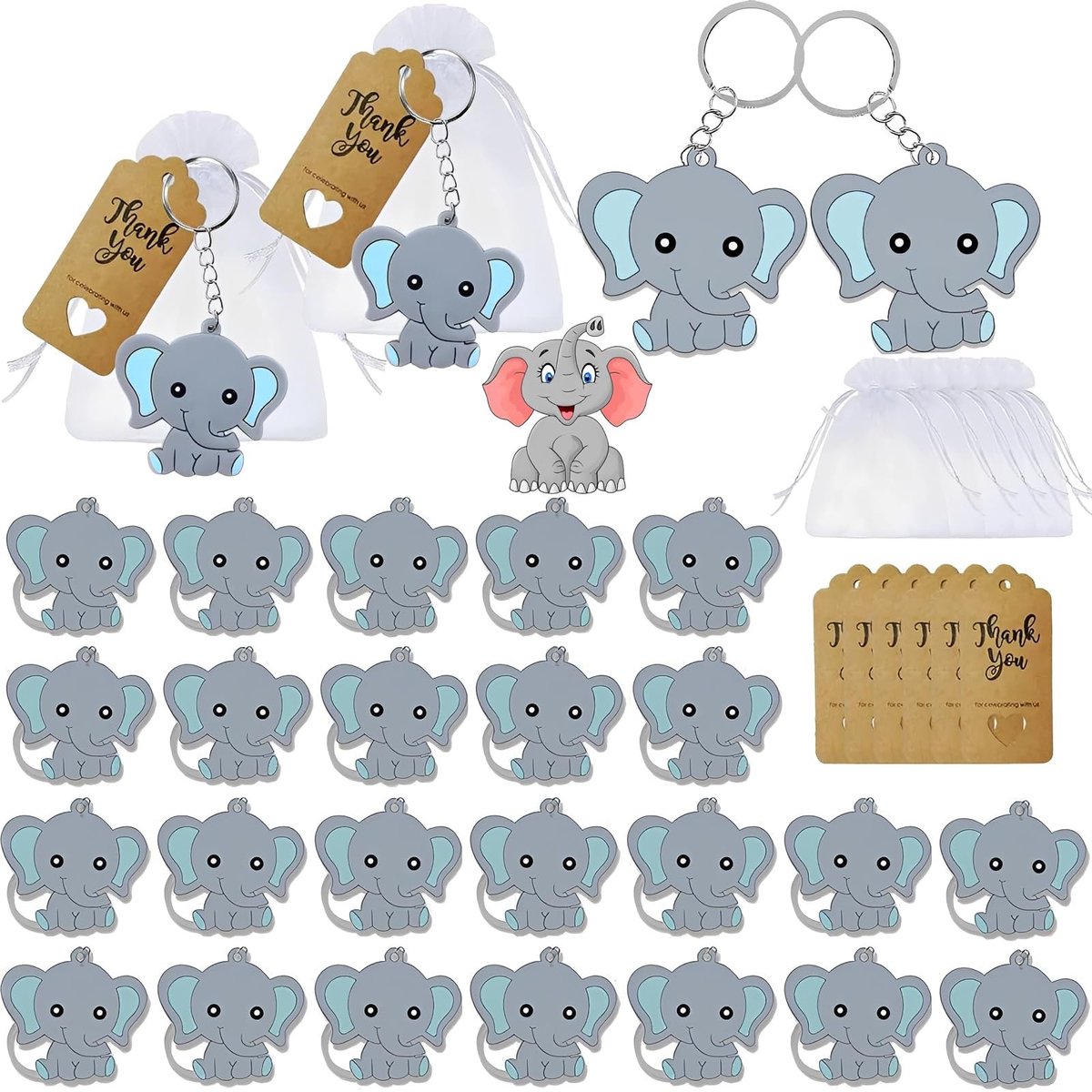 Dailygoods- Sleutelhanger Mini - 30 Stuks - Olifant/Sleutelhanger Dier - Kraftlabel - Organza Zakje - Drijvend Diercadeau - Drijvende Sleutelhanger