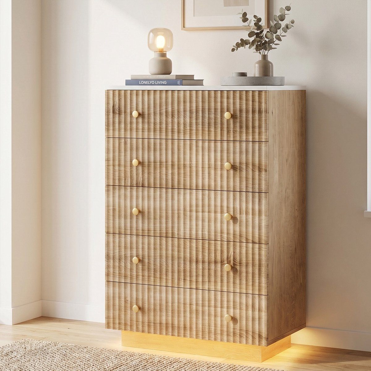 Mofor Ladekast met 5 Lades - 73x40x111cm - Opbergkast met 3-Kleuren LED-verlichting - Hout - Modern - Houtkleur