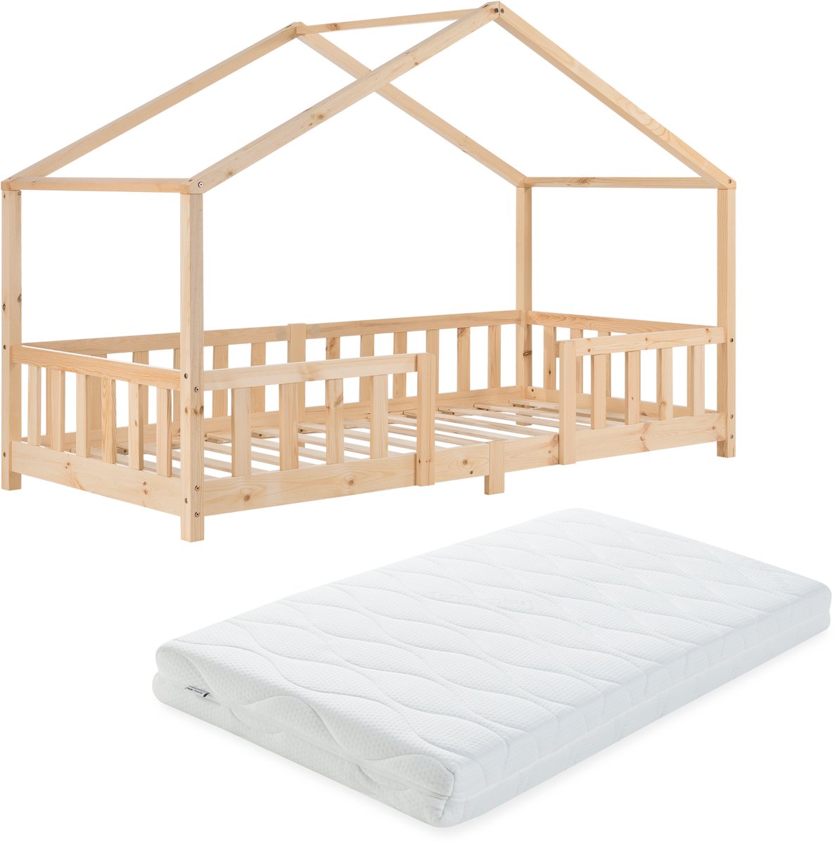en.casa Kinderbed Treviolo met uitvalbeveiliging en matras 90x200 cm naturel [en.casa]