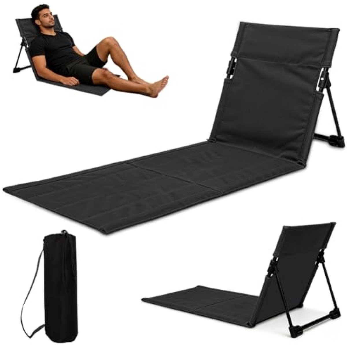 Arvion Premium strandmat met rugleuning – opvouwbare strandstoel, 1 cm gevoerd, met opbergtas, ideaal voor strand, tuin, camping, picknick, 108 x 40 x 41 cm, zwart