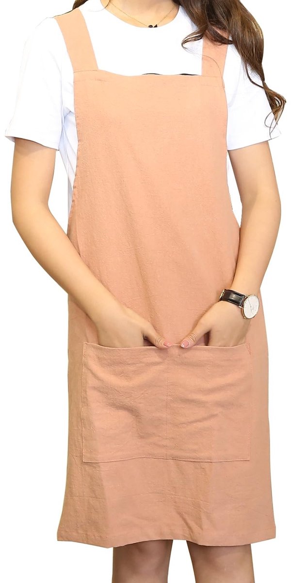 Dailygoods- Schorten Japanse stijl - Katoen/Linnen - Met zakken - Verstelbaar kruisontwerp - Zacht en comfortabel - Goede afdekking van borst tot knie - Keukenschort
