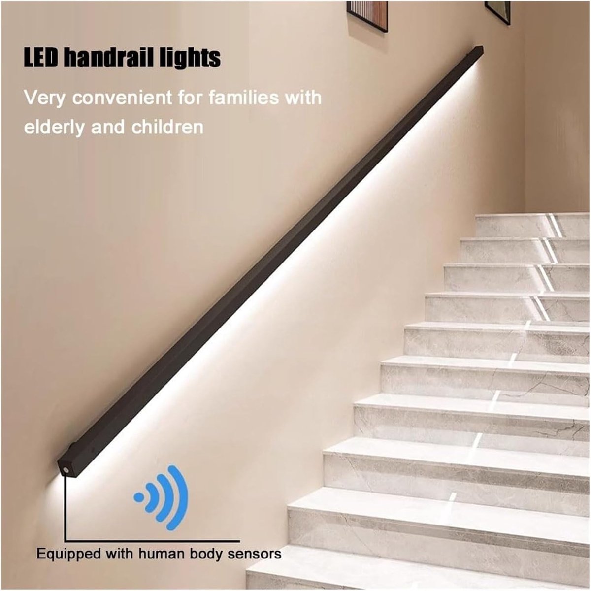 Verlichte Trapleuning - Wandgreep LED - Veilig Traplopen - Dubbele Lichaamssensoren - 120 cm - Zwart