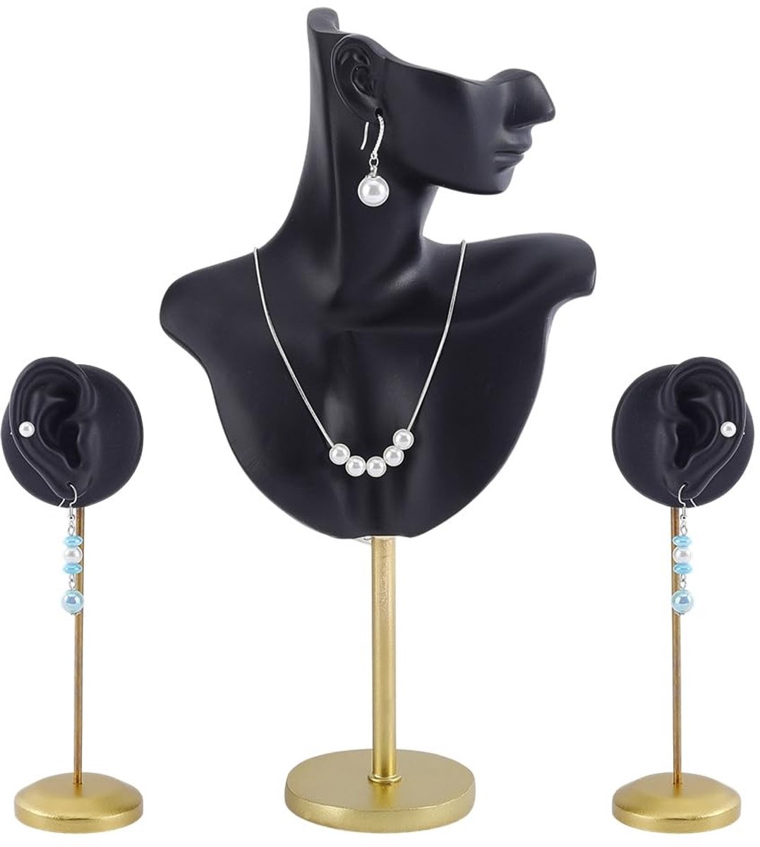 Solidchoice- Sieradenstandaard met 2 Oorbelhouders - Hars Pop Torso - Tentoonstellingsstandaard - Goudkleurige IJzeren Steun - 32 cm Hoog - Sieradenbuste
