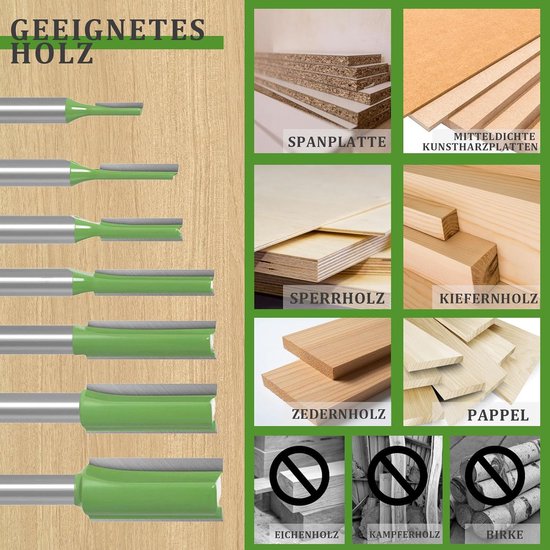 7-delige Frees met schacht voor bovenfrees - 6 mm voor zachthout - Veelzijdig inzetbaar voor diverse freeswerkzaamheden - als groeffrees voor hout op maat frezen en doe-het-zelf houtbewerking — afbeelding 4