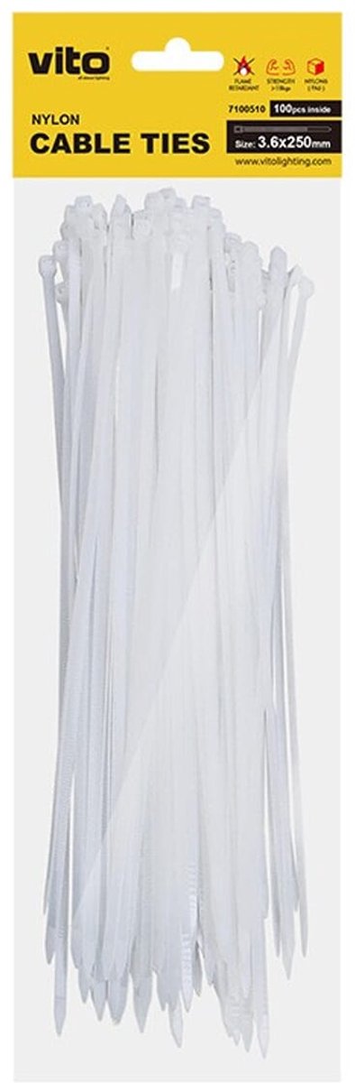 VITO Kabelbinder 3.6x250mm - Wit - 100 stuks - Kunststof Kabelklem voor bundelen en bevestigen van Kabels en draden