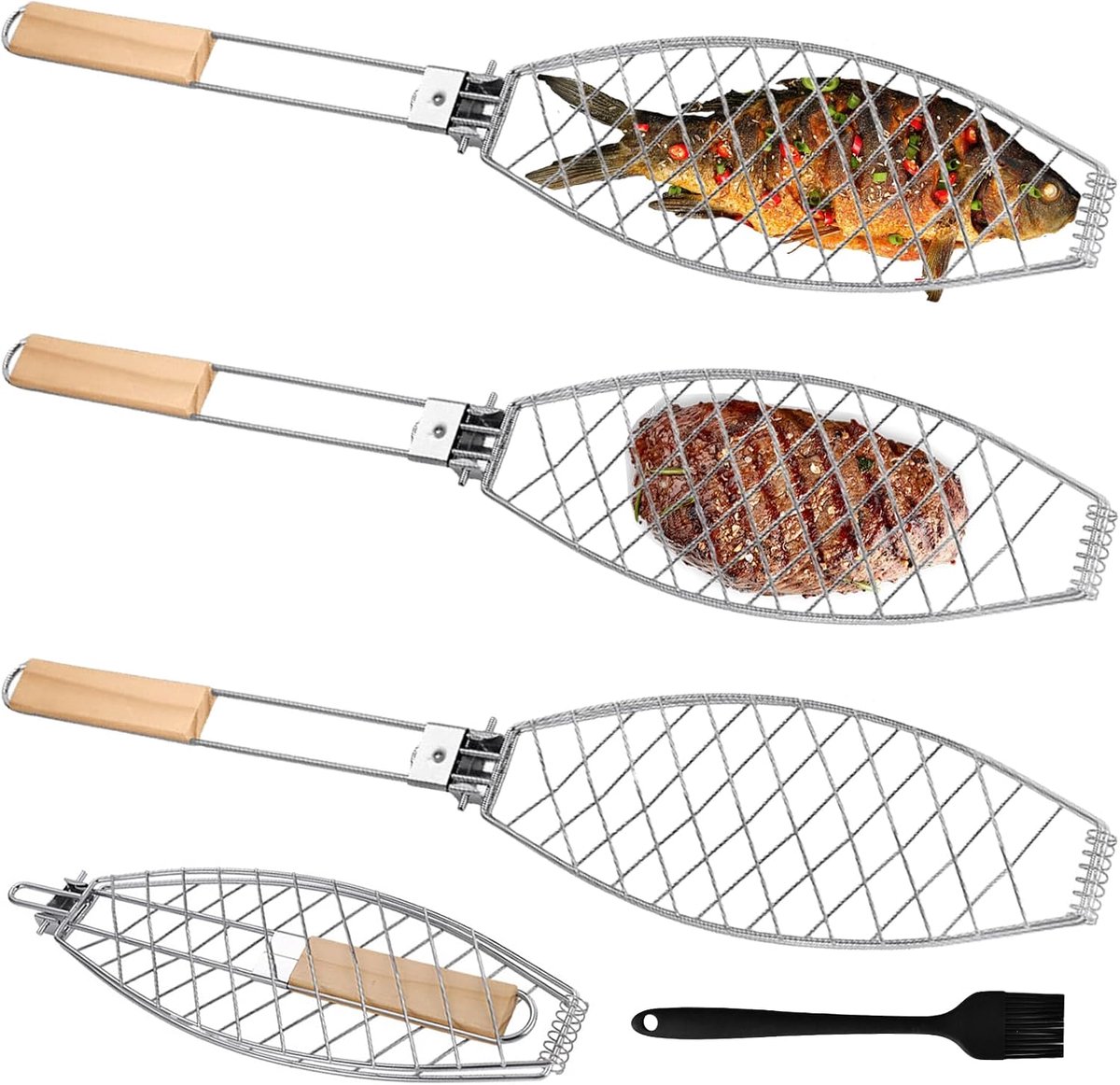 Set van 3 visbraden, 63 x 12 cm, visgrillhouder met houten handvat, opvouwbare vishouder voor het grillen met 21 cm siliconen borstel, visgrillrooster, draagbare visgrilltang voor