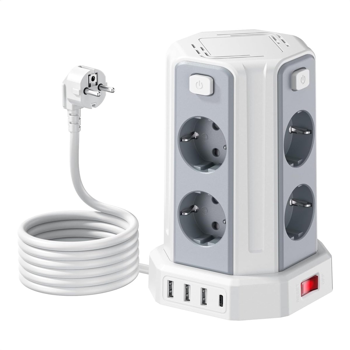 Stekkerdoos met 4 USB, 8-voudig, meervoudig stopcontact, overspanningsbeveiliging, stekkerdoos met schakelaar, 3 m verlengkabel, stekkertoren, meervoudige stekker voor thuis, kantoor