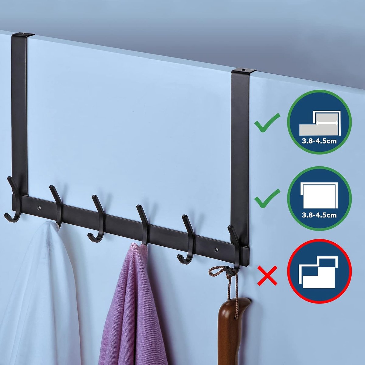 Deurkapstok om op te hangen, roestvrij staal, zonder boren, kledinghaken, voor Duitse deuren, deurhakenlijst, met 6 haken, voor keuken, badkamer (zwart, dikte 4,5 cm)