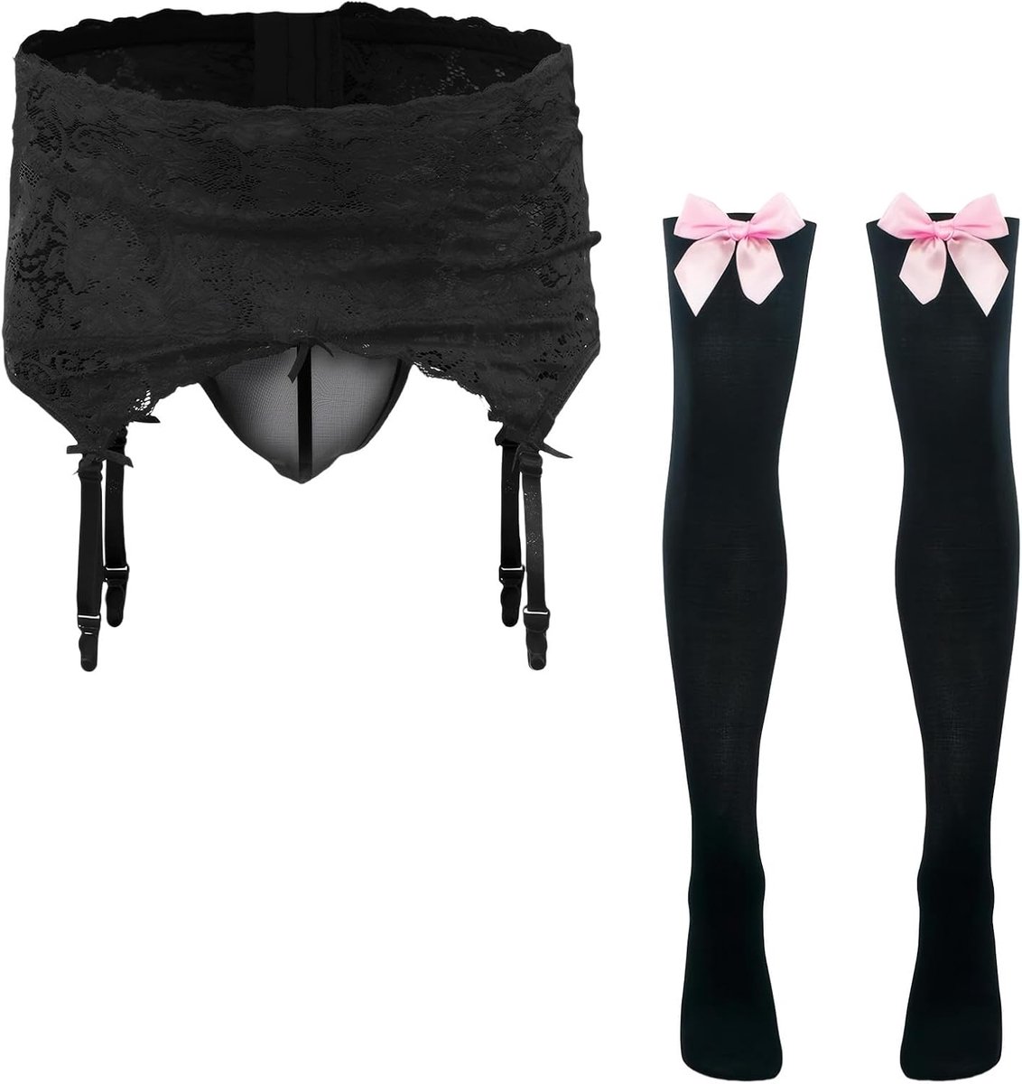 Lingerieset voor heren, Sissy string, sexy, kant, transparant, onderbroek, nachtkleding met lange kousen