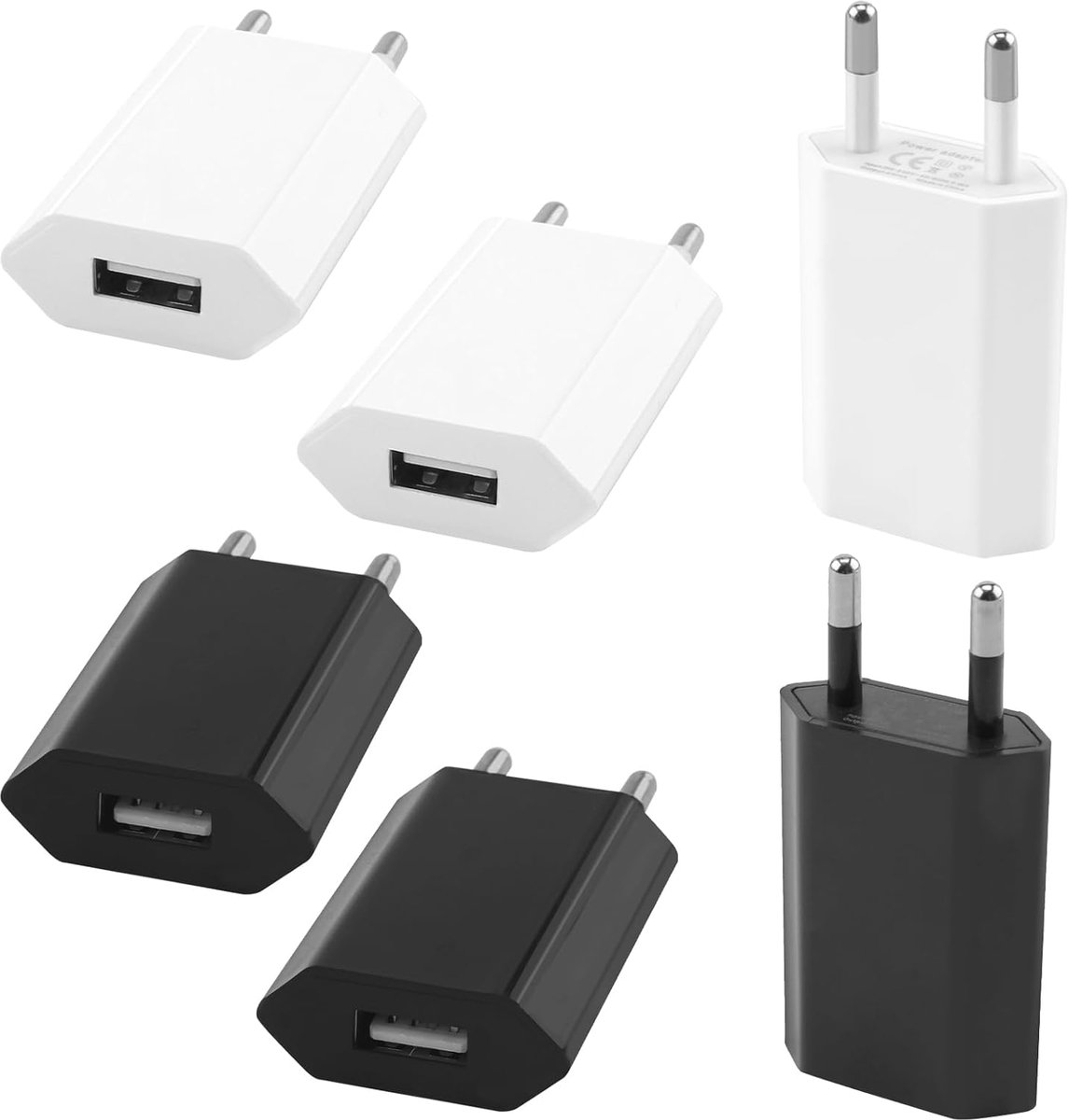 6 stuks USB-laadstekkers, 5 V/1 A USB-adapter, stekker voor oplaadkabel, 5 W voeding met laag stroomverbruik voor powerbanks, bluetooth-hoofdtelefoon, kleine ventilator, MP3-3, zwart + 3 wit