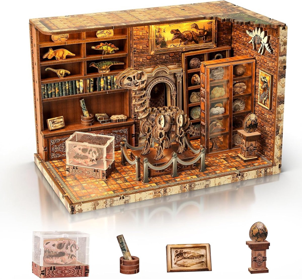 Doe-het-zelf miniatuurhuis poppenhuis, houten poppenhuis met licht, spleet- en knoopconstructie voor eenvoudige montage, verjaardag, kerst (dinosaurustentoonstellingshal)