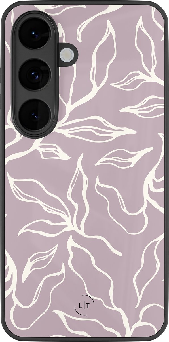 Hoesje geschikt voor Samsung Galaxy S26 - Lila leaves - Luxe Glazen Hardcase - Print / Illustratie - Paars