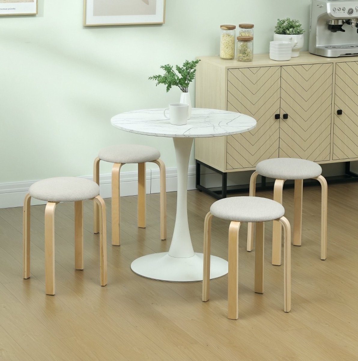COVREO Hocker set van 4, 40x40x45 cm cremewit, hout en linnen stapelbaar