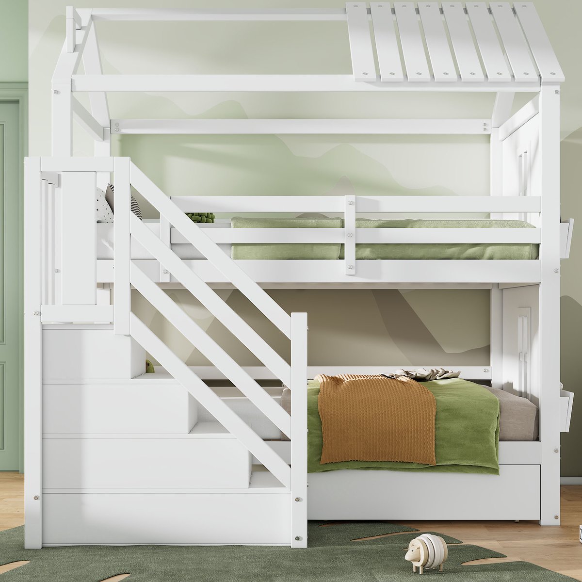 Kinder Stapelbed 90x200 cm - Multifunctioneel Houten Kinderbed Met Opberglades, Trap Met Kast, Planken En Veiligheidshekje Wit