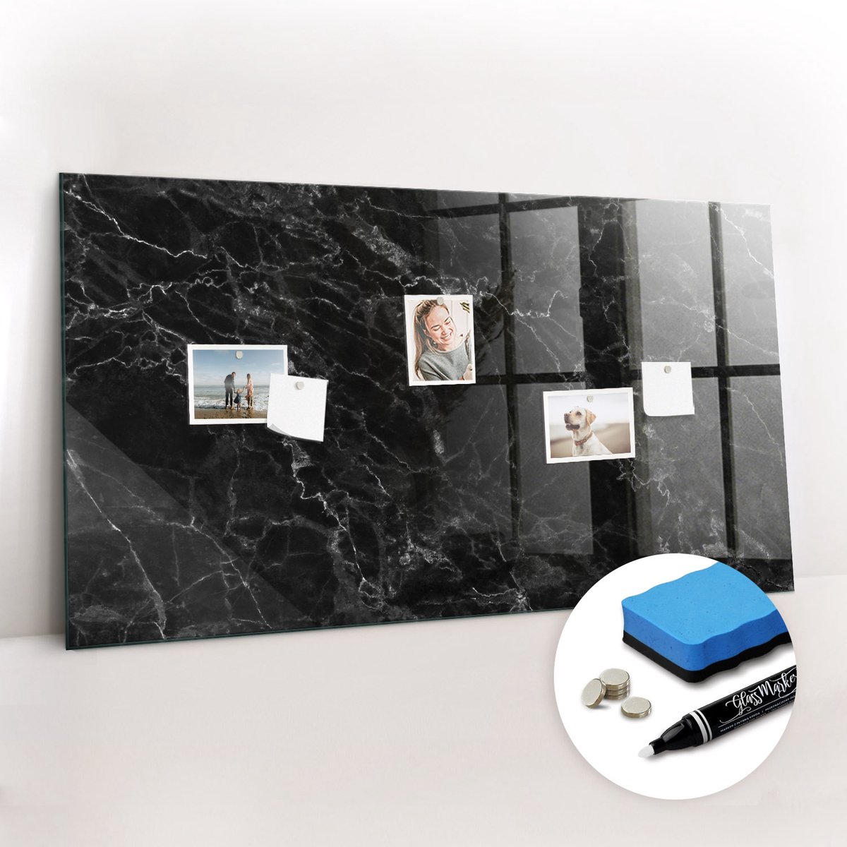 Tulup Whitebord - Donker marmer - 120 x 60 cm - Zwart Magnetisch Bord - Gratis 5 Sterke Magneten + Whiteboard Marker & Wisser - Minimalistisch Prikbord - Foto Magneetbord - Organiseer Je Bureau