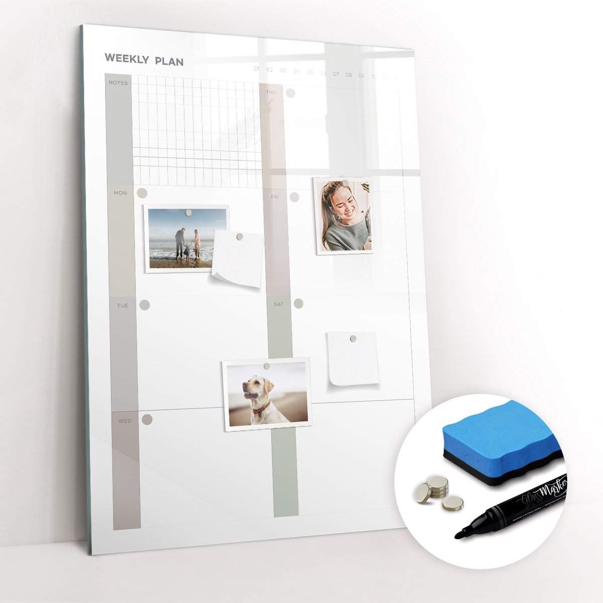 Tulup Whitebord - Universele weekplanner - 70 x 100 cm - Grijs Memobord Magnetisch - Gratis 5 Sterke Magneten + Whiteboard Marker & Wisser - Minimalistisch Prikbord - Foto Magneetbord - Organiseer Je Bureau