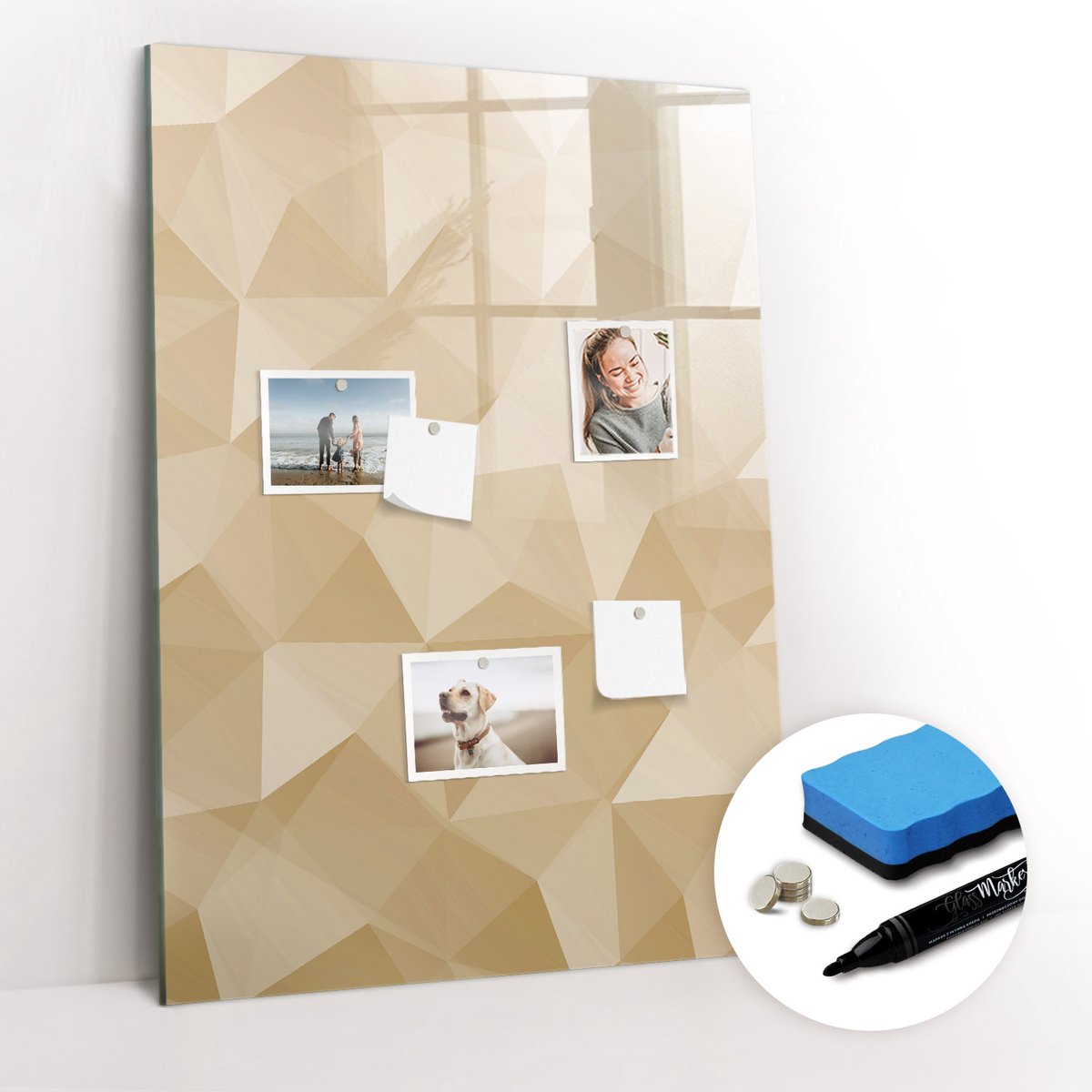 Tulup Whitebord - Abstracte pastelkleurige driehoeken - 70 x 100 cm - Geel Magnet Board - Gratis 5 Sterke Magneten + Whiteboard Marker & Wisser - Moderne Wanddecoratie - Memobord Keuken - Planning Muur
