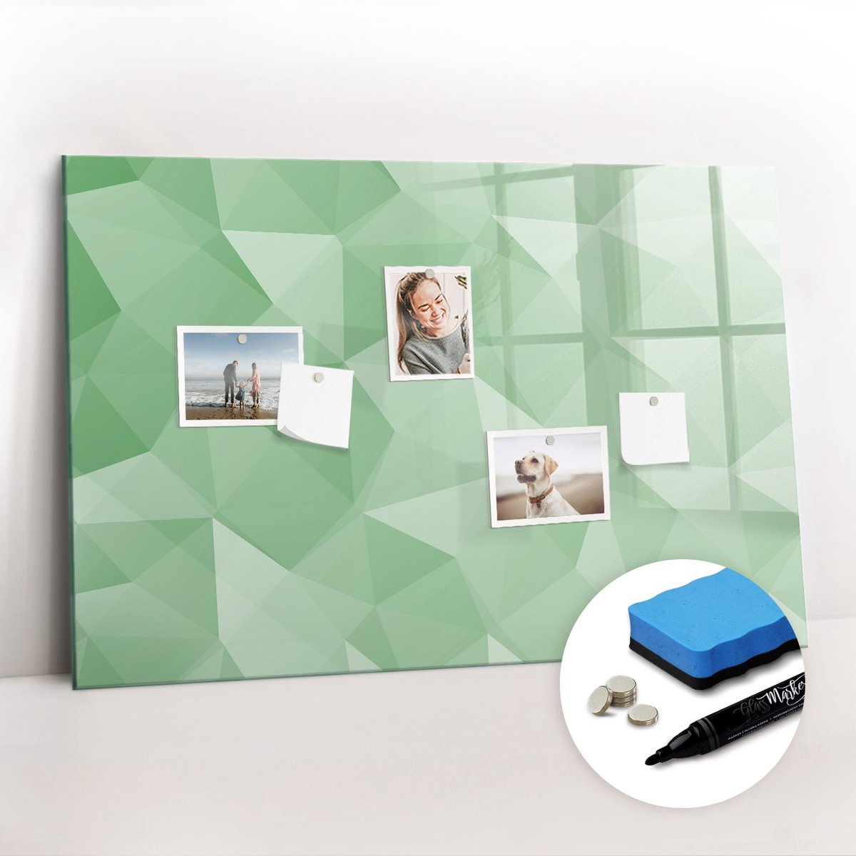 Tulup Whitebord - Kleurrijke abstracte driehoeken - 90 x 60 cm - Groente Memobord Keuken - Gratis 5 Sterke Magneten + Whiteboard Marker & Wisser - Minimalistisch Prikbord - Magneetbord Design - Notitiebord Werkplek