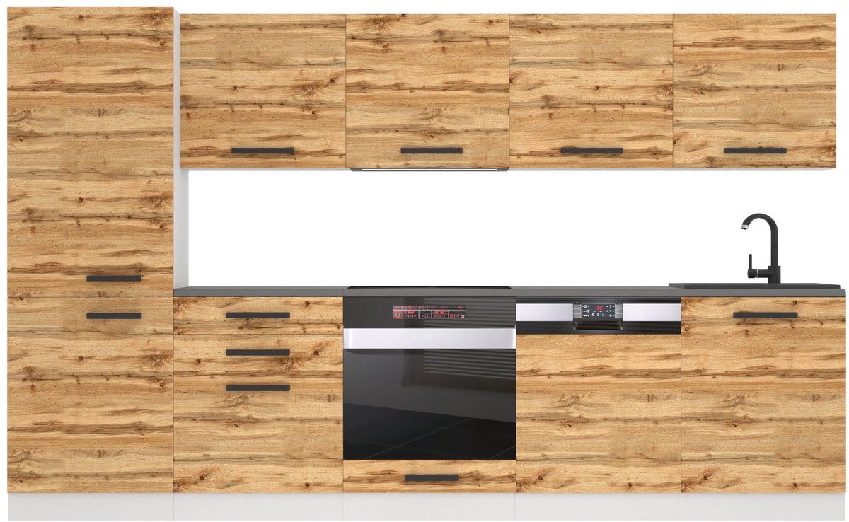 BELINI Keukenblok ROSE - Keukenmeubel Set 300 cm Wotan Eiken met Werkbladen - Boven- en Onderkasten