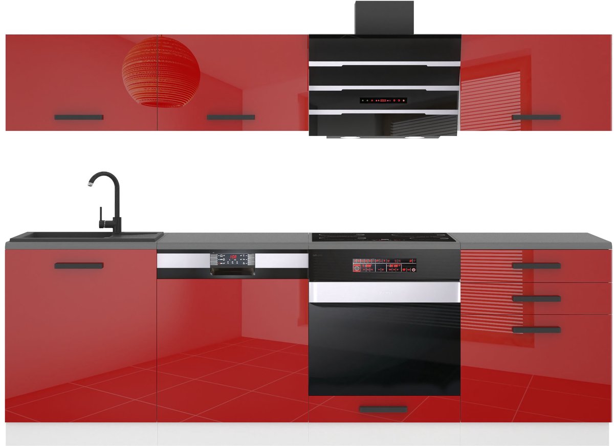 BELINI Keukenblok LINDA - Keukenmeubel Set 240 cm Rood Hoogglans zonder Werkbladen - Boven- en Onderkasten