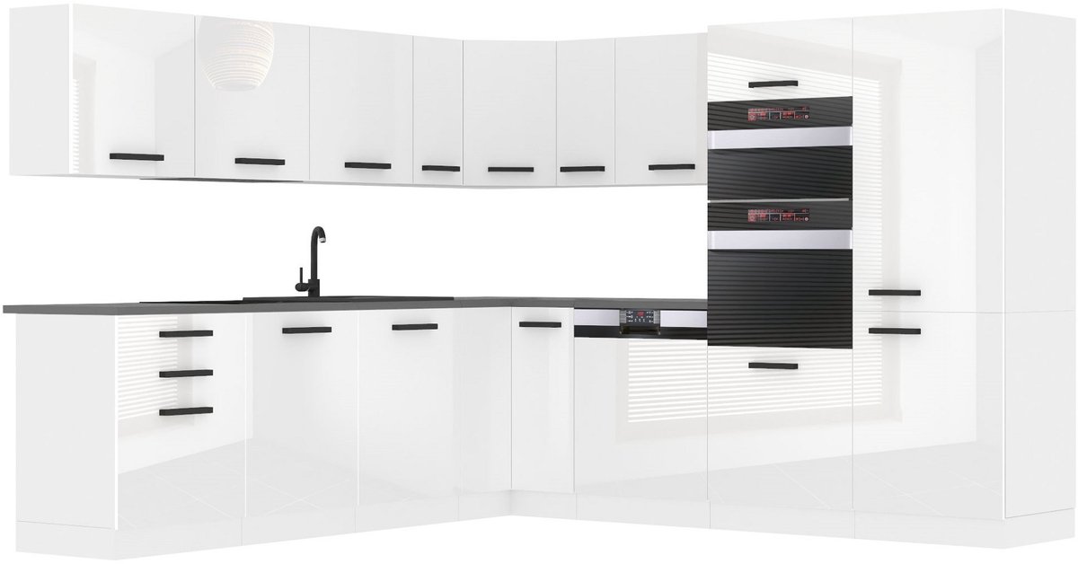 BELINI L-Vorm Keukenblok JANE - Keukenmeubel Set 480 cm Wit Hoogglans met Werkbladen - Boven- en Onderkasten