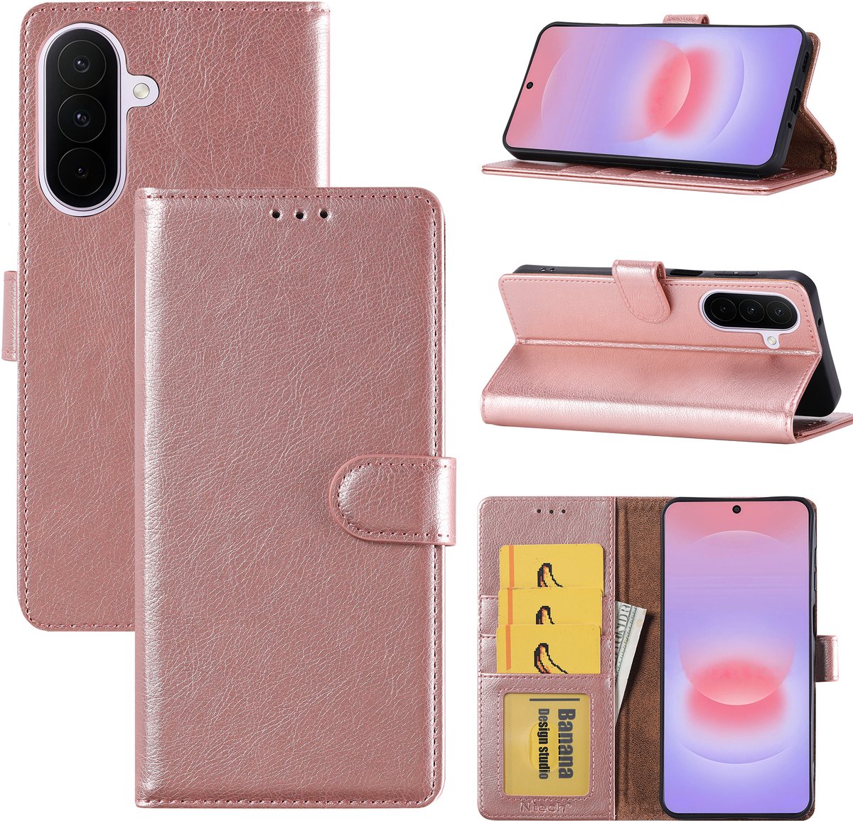 Hoesje geschikt voor Samsung Galaxy A27 Hoesje Rose Goud Bookcase – Ntech Wallet Case met Pasjeshouder & Magneetsluiting Beschermhoes – Schokbestermende Flip Cover