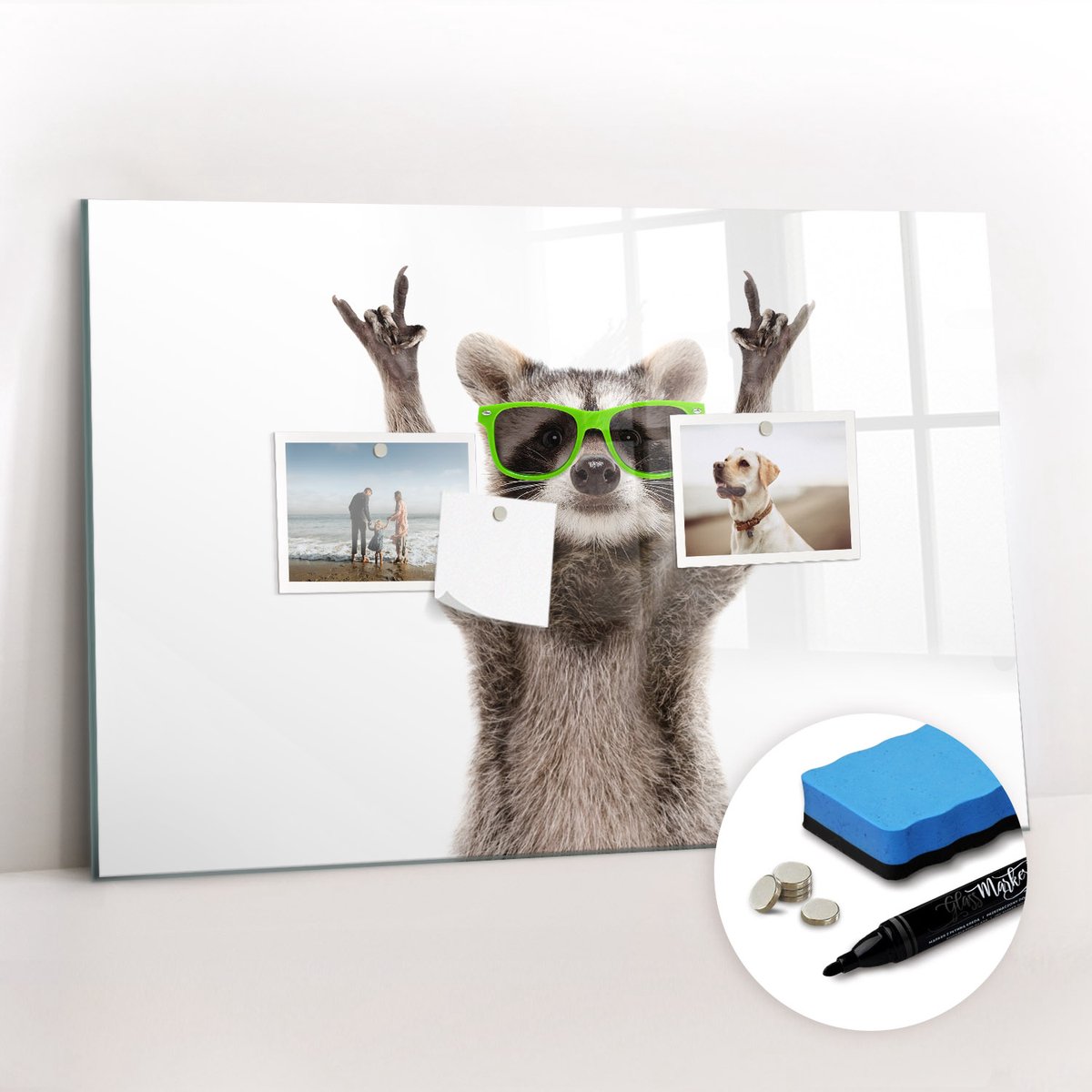 Tulup Whitebord - Wasbeer met bril - 60 x 40 cm - Veelkleurig Memobord Keuken - Gratis 5 Sterke Magneten + Whiteboard Marker & Wisser - Scandinavisch Design Bord - Magnetisch Wandbord - Organiseer Je Bureau