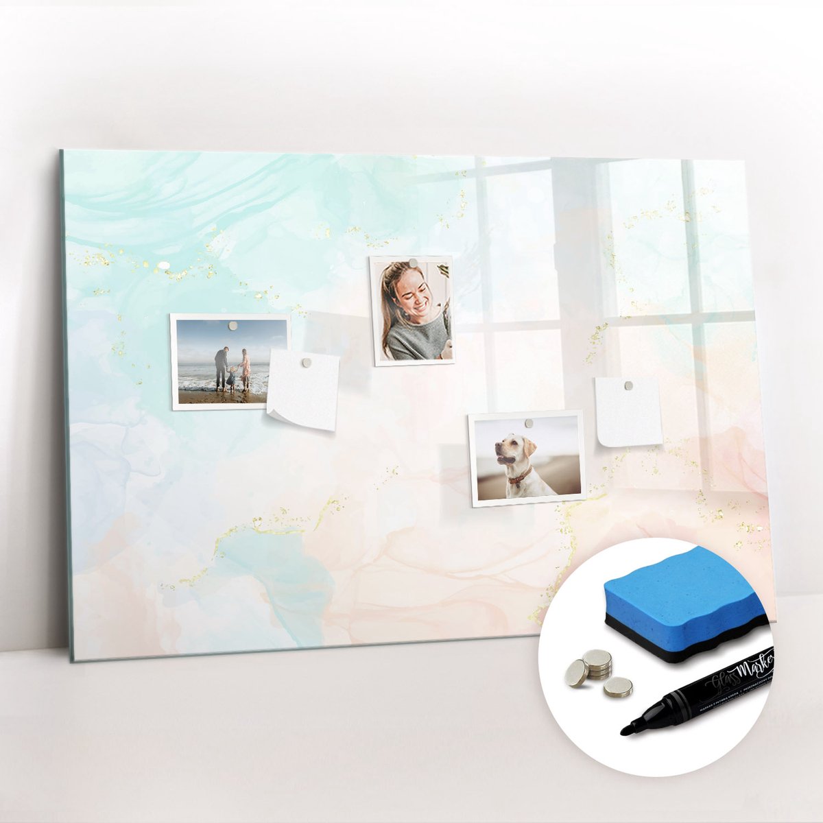 Tulup Whitebord - Aquarel marmer - 90 x 60 cm - Veelkleurig Memobord Keuken - Gratis 5 Sterke Magneten + Whiteboard Marker & Wisser - Wanddecoratie Kantoor - Magneetbord Foto - Ideeënbord Thuiswerkplek