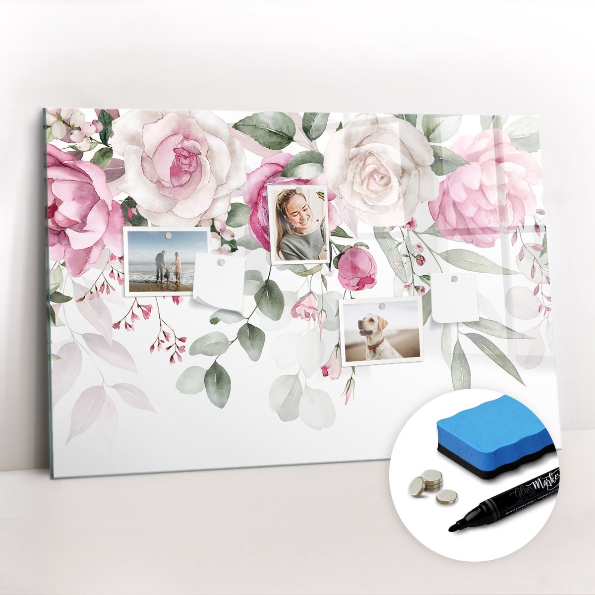 Tulup Whitebord - Aquarel rozen - 90 x 60 cm - Roze Magneetborden voor vakantiemagneten - Gratis 5 Sterke Magneten + Whiteboard Marker & Wisser - Stylish Memo Board - Magnetisch Bord Kind - Organiseer Je Bureau