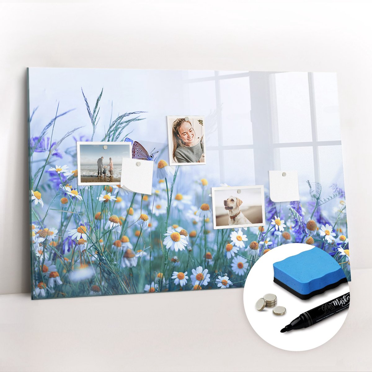 Tulup Whitebord - Vlinder in de wei - 90 x 60 cm - Veelkleurig Decoratieve magneetborden met print - Gratis 5 Sterke Magneten + Whiteboard Marker & Wisser - Design Memobord - Memobord Magnetisch - Productiviteit Tools