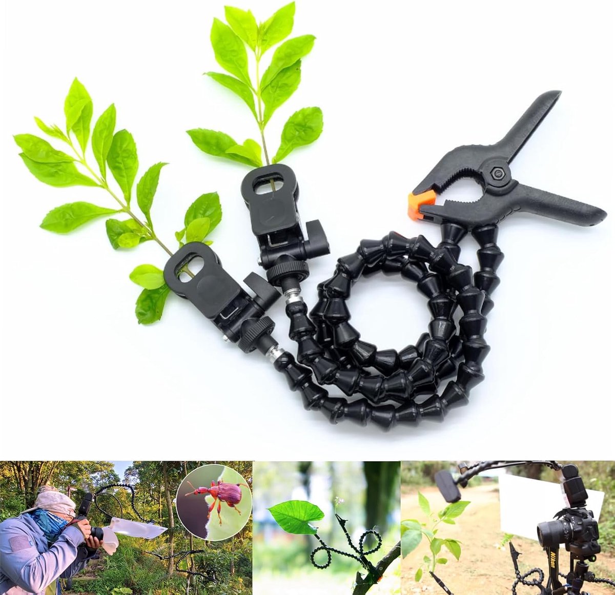 Double Macro Arm Macro Klem 60 cm met 360° draaibare, verstelbare clip voor insecten, bloemen en achtergronden (Double Tube Type)
