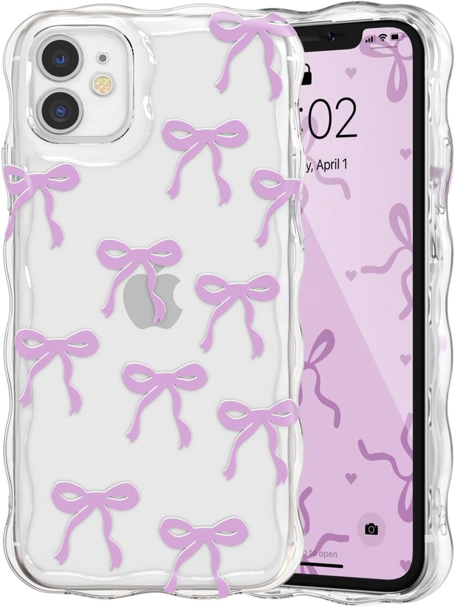 Bow Hoesje voor iPhone 12, Schattige Lintstrikjes Golvende Krullende Lijst Doorzichtige Telefoonhoes voor Meisjes Vrouwen, Esthetische Bowknot Transparante Zachte Siliconen TPU Bumper