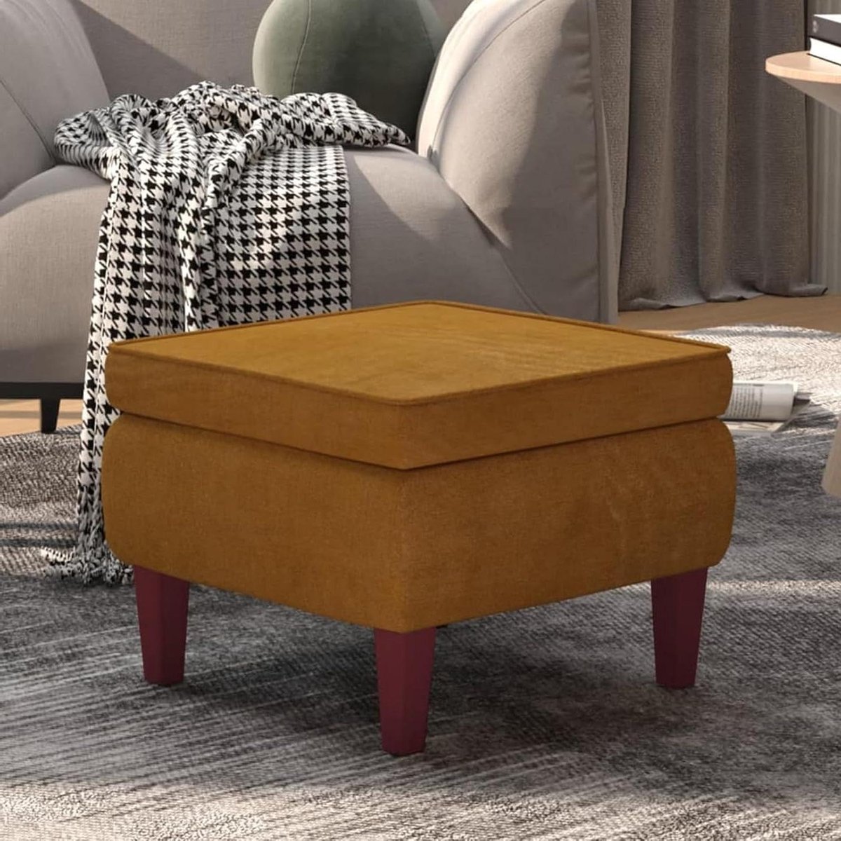 Kruk met houten poten - Voetenbankje poef - Voeten rusten - Zachte fluwelen bekleding - 535 cm breed - Bruin