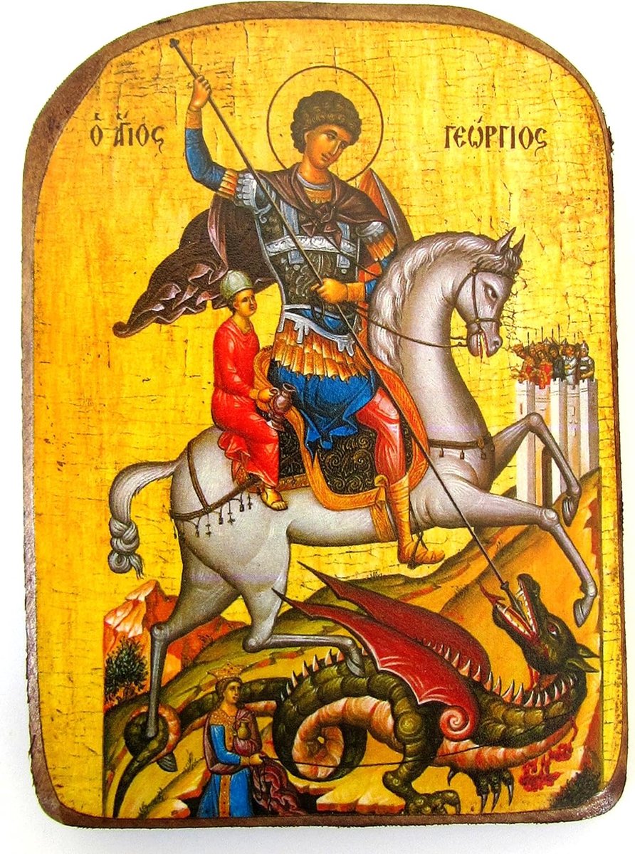 Houten Griekse-orthodoxe pictogram van Sint-Joris rijdt op zijn paard en de dood van het beest/MP2