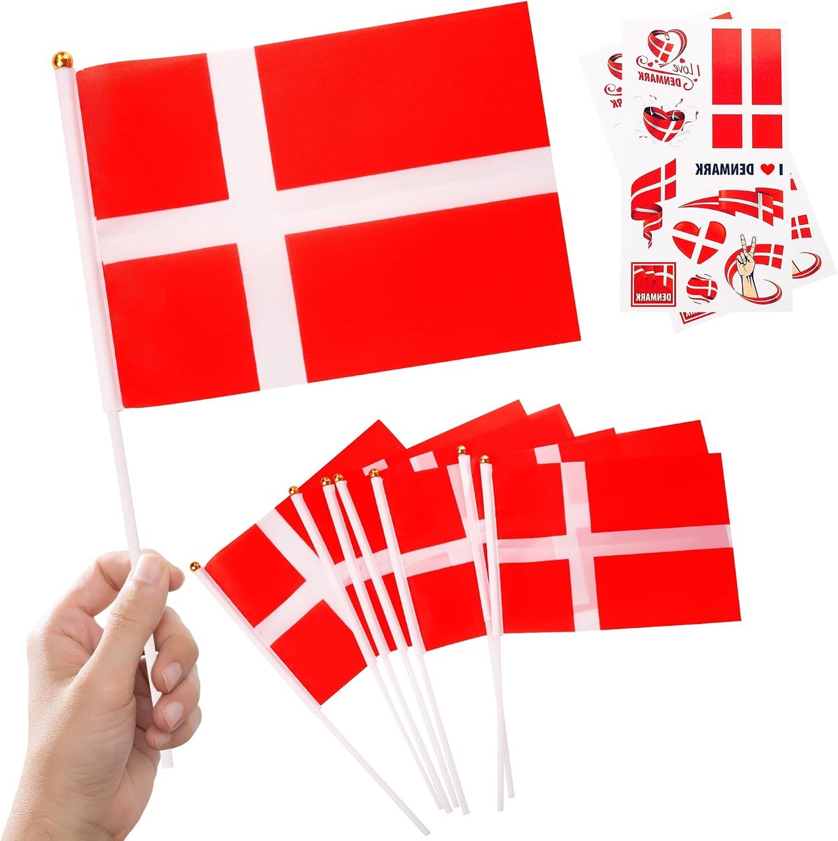 10 stuks kleine Denemarken vlaggen op stokken 2 stuks tatoeages