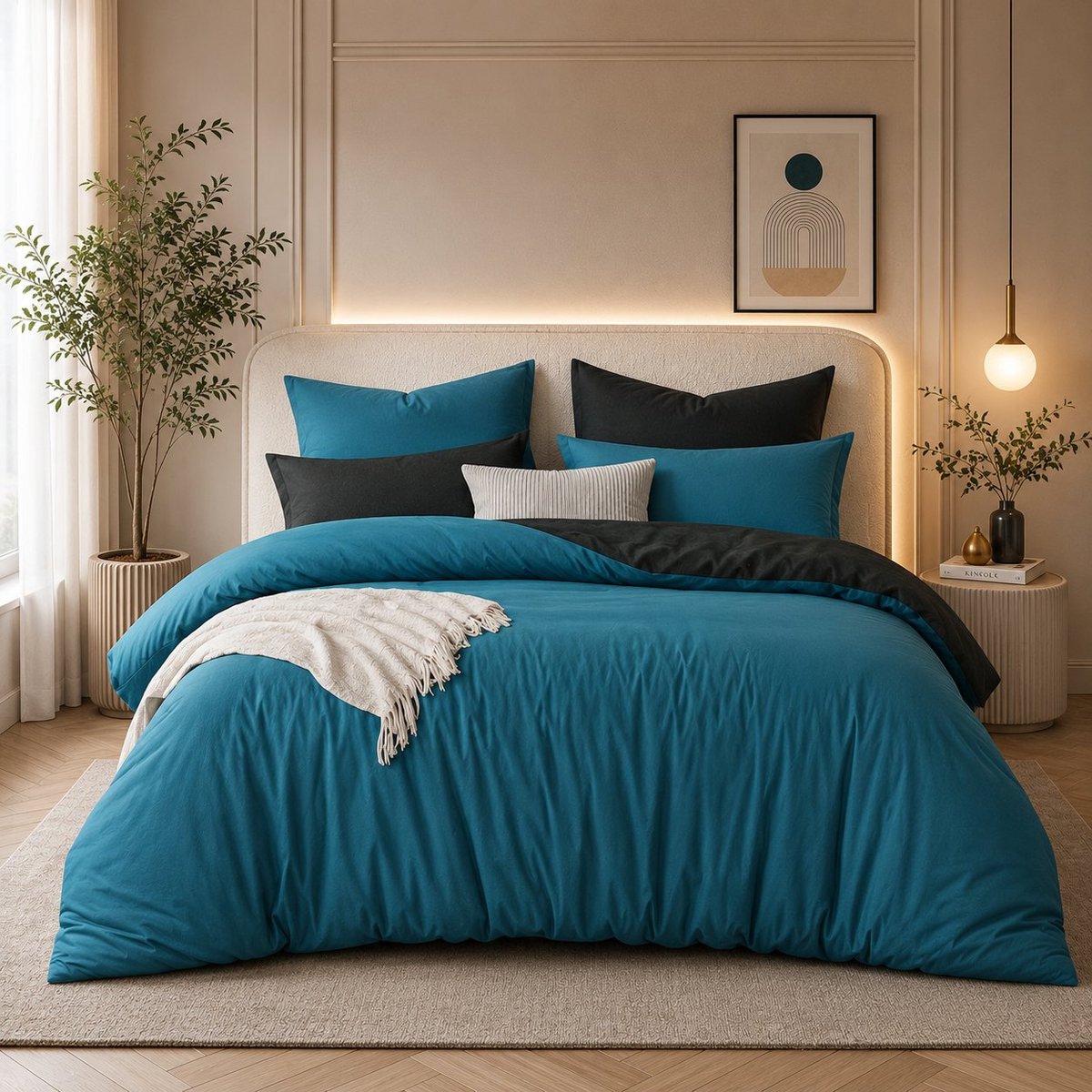 Nazik Living Dekbedovertrek 200x220 cm - 3-delig - Dubbelzijdig - Microvezel - Turquoise/Antraciet - Strijkvrij