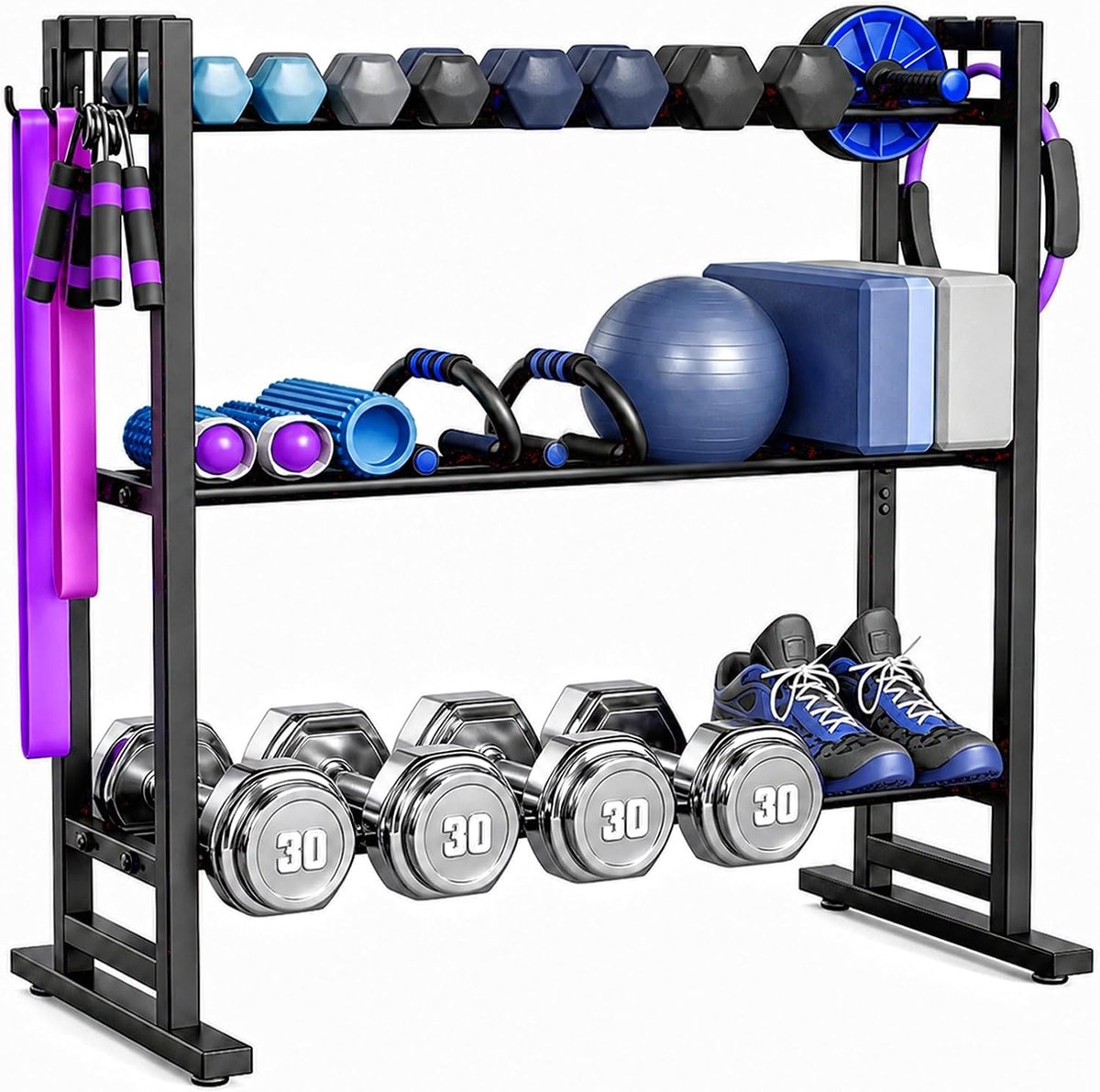 SnelShoppen - Halterstandaard met 3 Verdiepingen, Verstelbare Breedte, Verlengde Sokkel, Halterrek met 6 Zijhaken, 200 kg Draagvermogen voor Thuisgym,