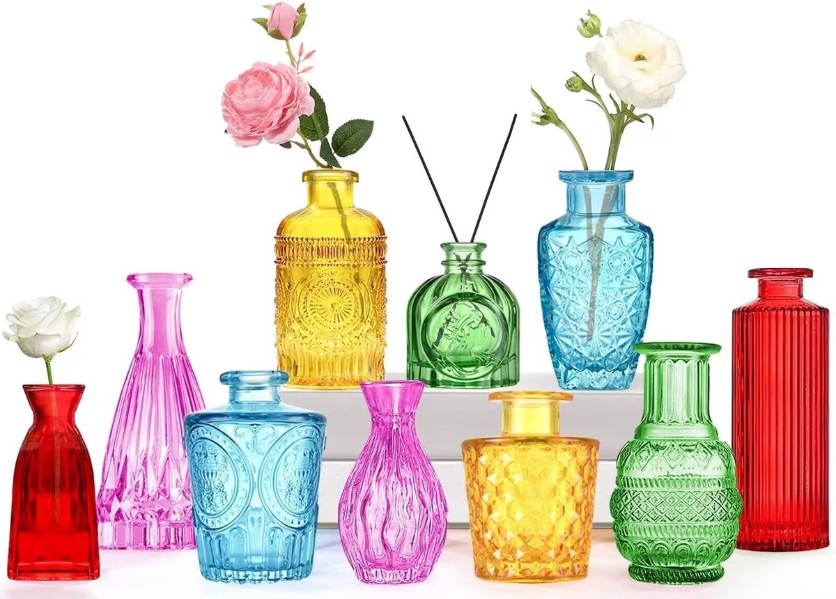 Omgoods - Set van 10 Mini Glazen Vazen voor Tafeldecoratie