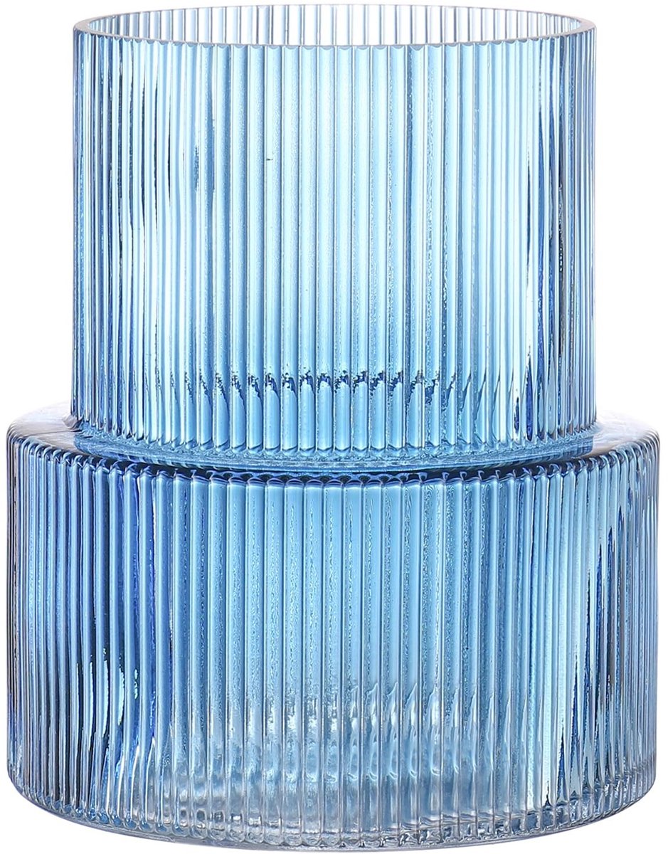 Omgoods - Blauwe Ribbed Glas Vaas 19cm