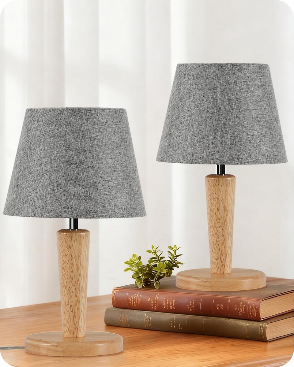 Omgoods - Set van 2 Houten Tafellampen met Linnen Lampenkap