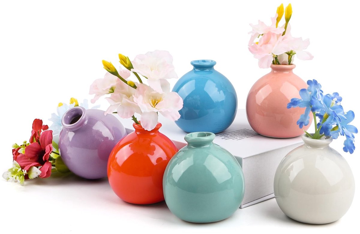 Omgoods - Set van 6 Kleurige Vazen met Kunstbloemen