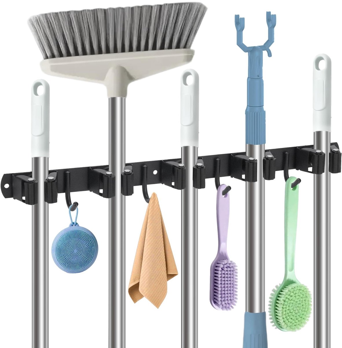 Omgoods - Broomhouder voor Wandmontage met 5 Houder en 4 Haken