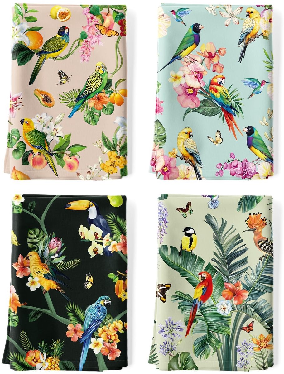 Omgoods - Summer Tropical Bird Keukenhanddoeken - Set van 4 - 100% Katoen - 48×70cm