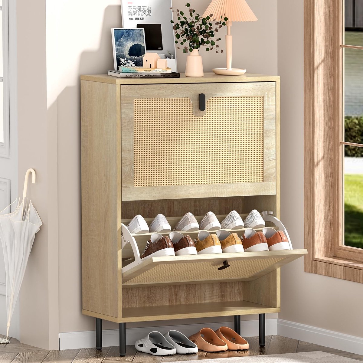 Omgoods - Houten Sideboard met 3 Rattan Lades voor Hal of Entree